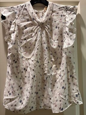 NWT Rebecca Taylor Adelaide Floral Ruffle Tie-Neck Sleeveless Top in snow comb